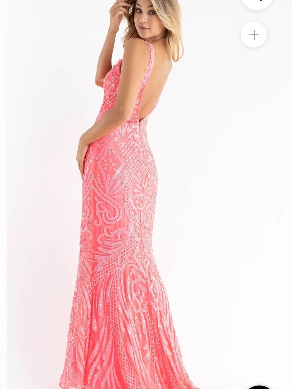 Primavera Couture Coral Pink Beaded Backless Evening Gown